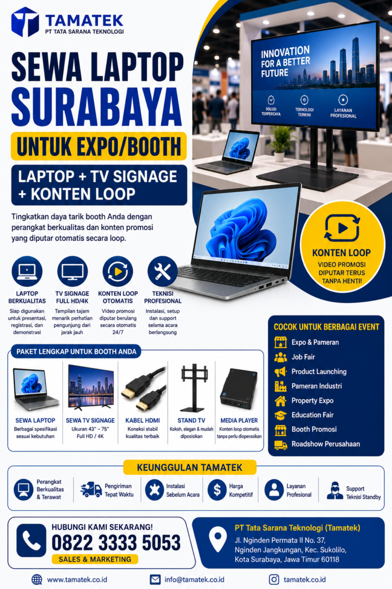 Read more about the article Sewa Laptop Surabaya untuk Expo/Booth: Laptop + TV Signage + Konten Loop | Tamatek