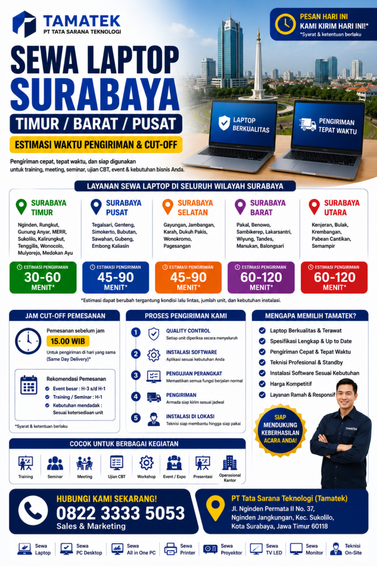 Read more about the article Sewa Laptop Surabaya Timur / Barat / Pusat: Estimasi Waktu Pengiriman & Cut-off | Tamatek