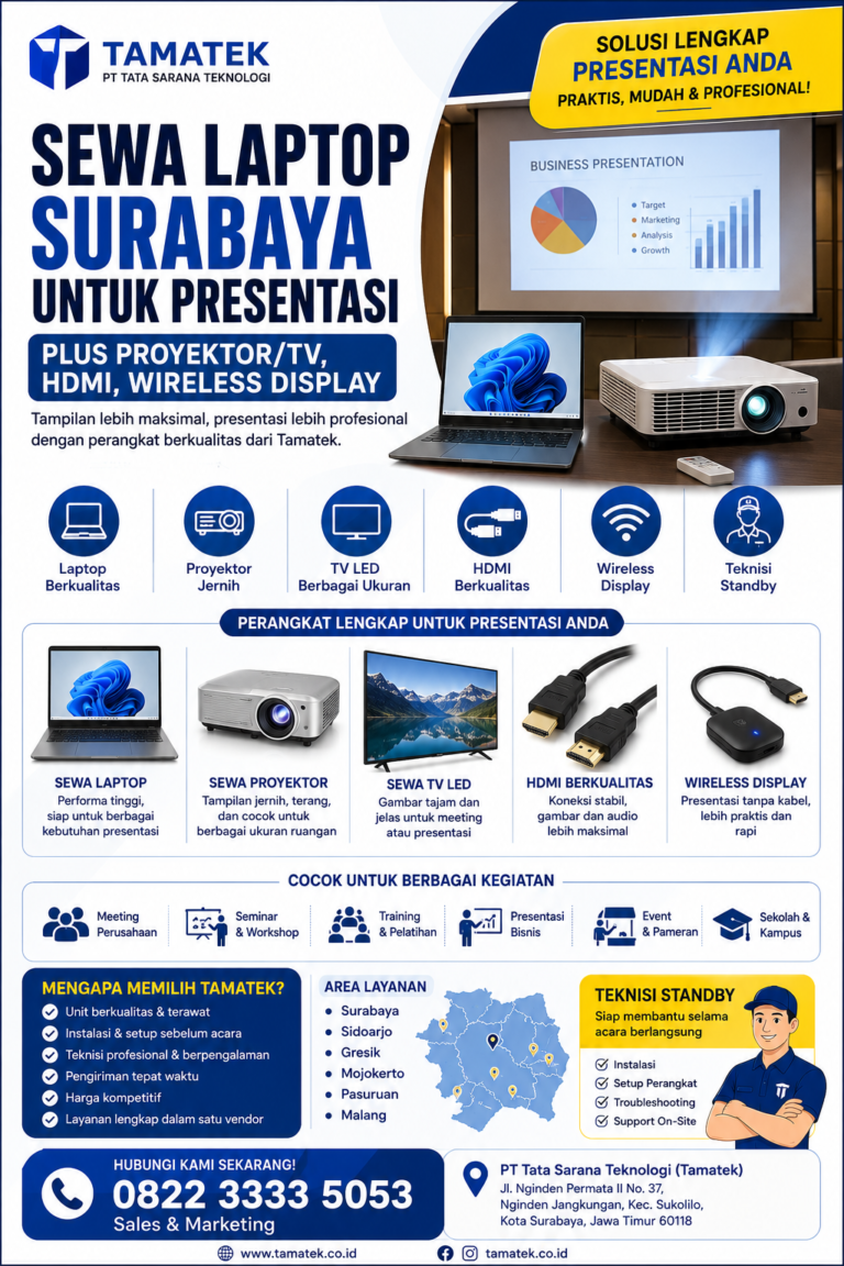 Read more about the article Sewa Laptop Surabaya untuk Presentasi: Plus Proyektor/TV, HDMI, Wireless Display | Tamatek