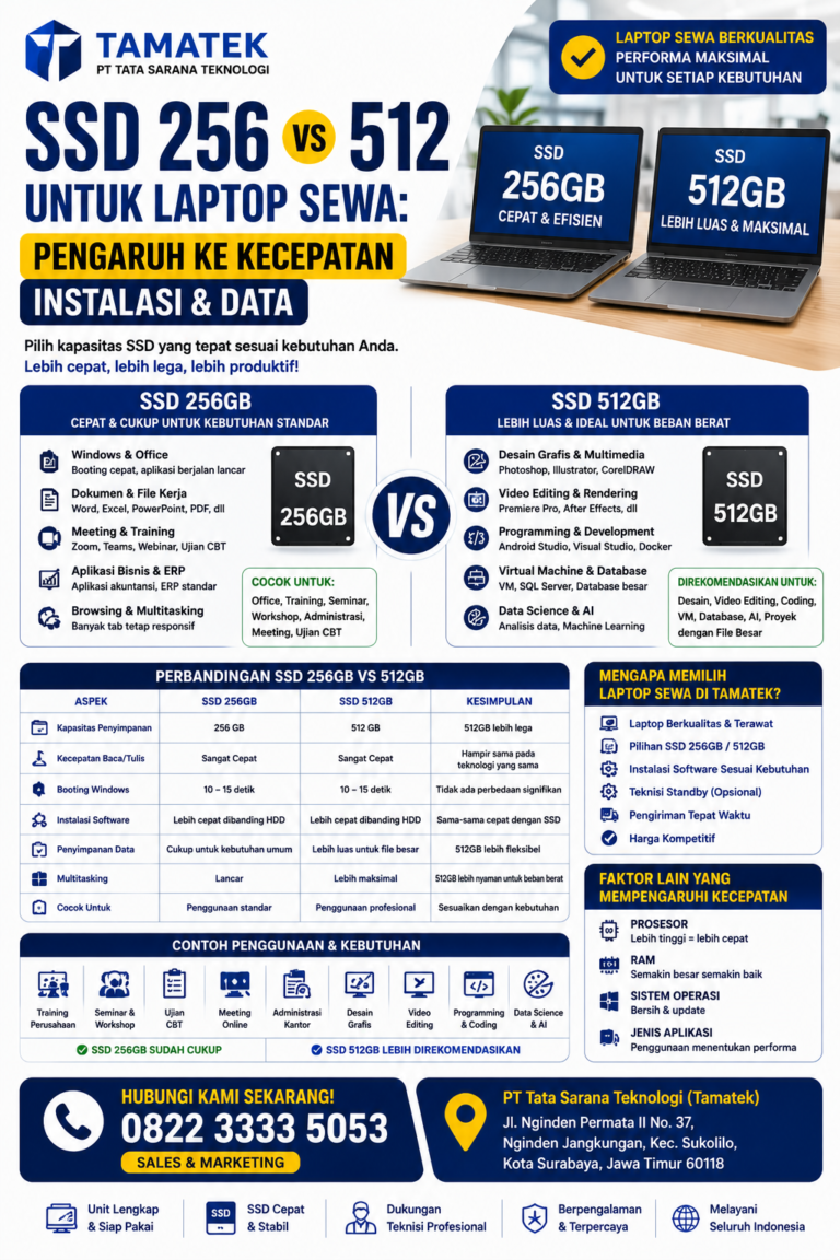 Read more about the article SSD 256 vs 512 untuk Laptop Sewa: Pengaruh ke Kecepatan Instalasi & Data | Tamatek