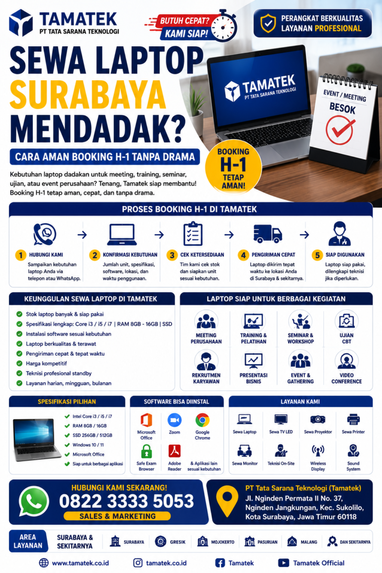 Read more about the article Sewa Laptop Surabaya Mendadak: Cara Aman Booking H-1 Tanpa Drama | Tamatek