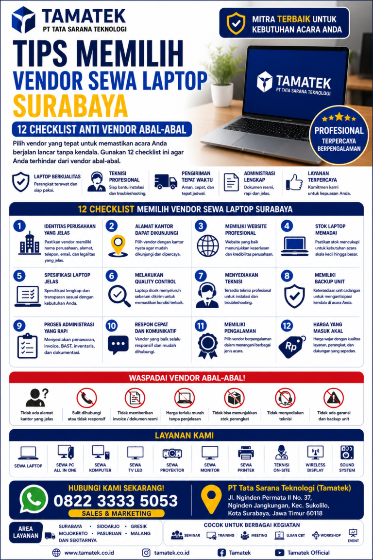 Read more about the article Tips Memilih Vendor Sewa Laptop Surabaya: 12 Checklist Anti Vendor Abal-abal | Tamatek